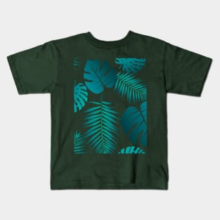 Aqua turquoise blue large tropical leaf pattern Kids T-Shirt